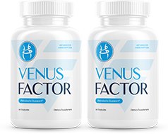 Venus Factor bottle close-up showing Leptin support formula label and capsule format
